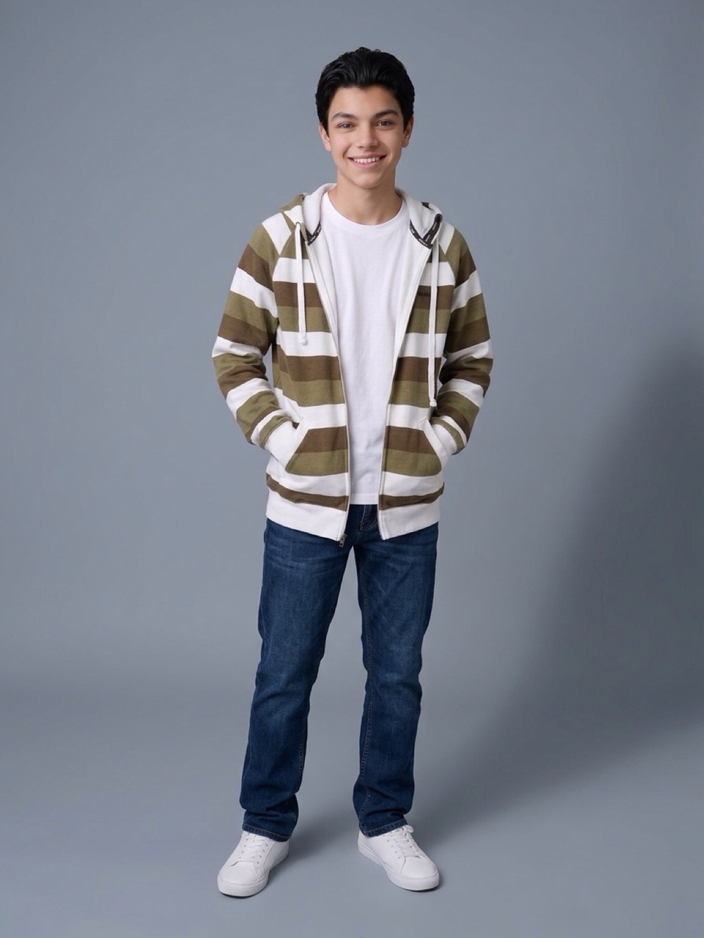 Matix Olive Green and White Striped Zip-Up Hoodie